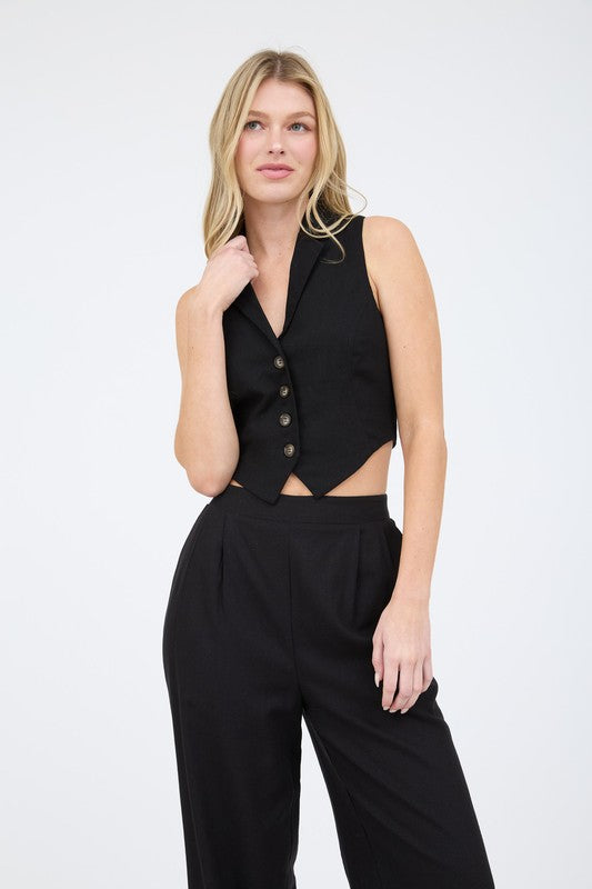 Collared Button Down Cropped Vest Blouse