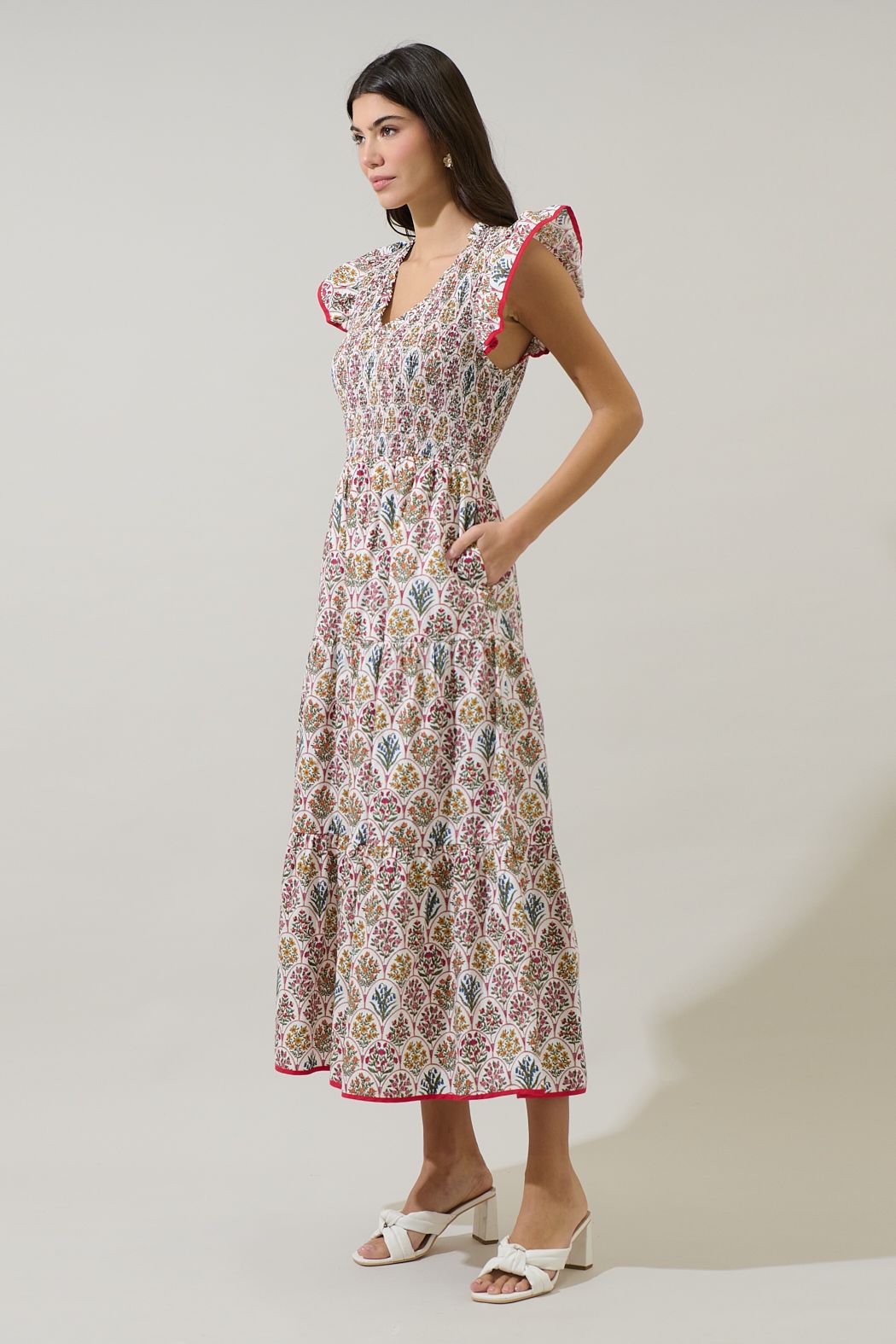 Kathy Floral Sunfire Tiered Midi Dress
