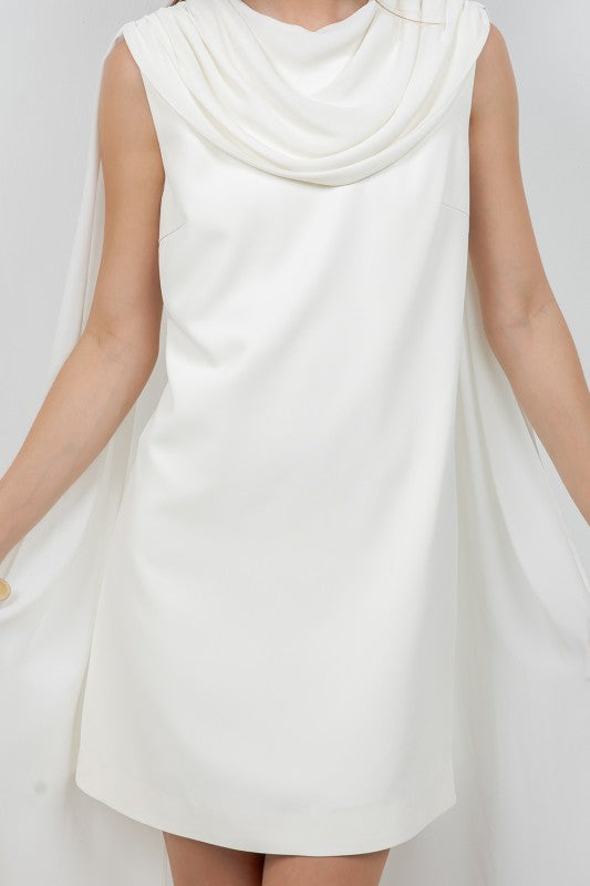 WOVEN MINI DRESS WITH ATTACHED CHIFFON SCARF