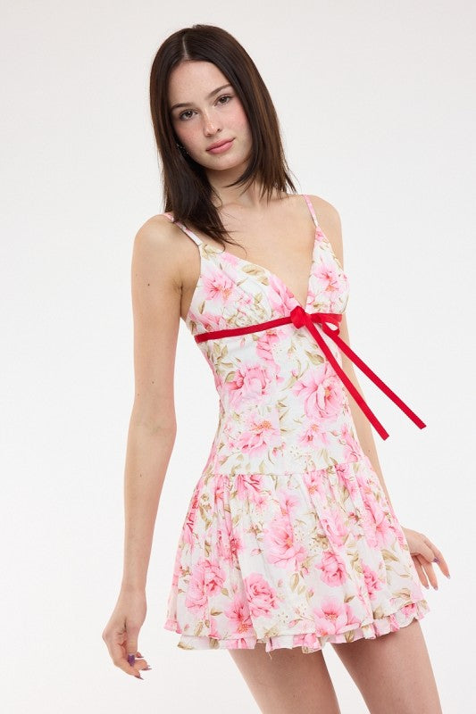 Pink Floral Eyelet Back Crossed Tie Mini Dress