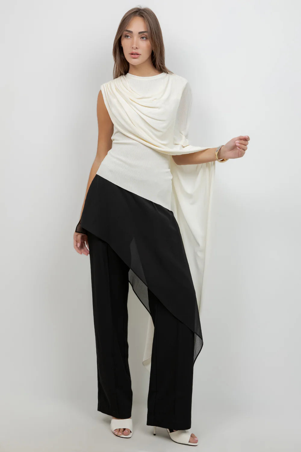 KNITTED SLEEVLESS TOP WITH ASYMMETRICAL MESH CAPE SELF
