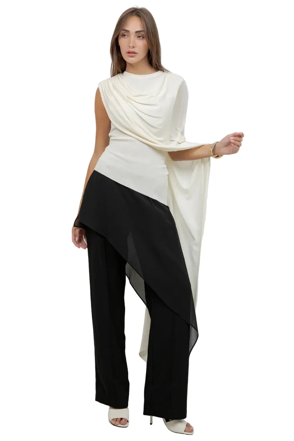 KNITTED SLEEVLESS TOP WITH ASYMMETRICAL MESH CAPE SELF