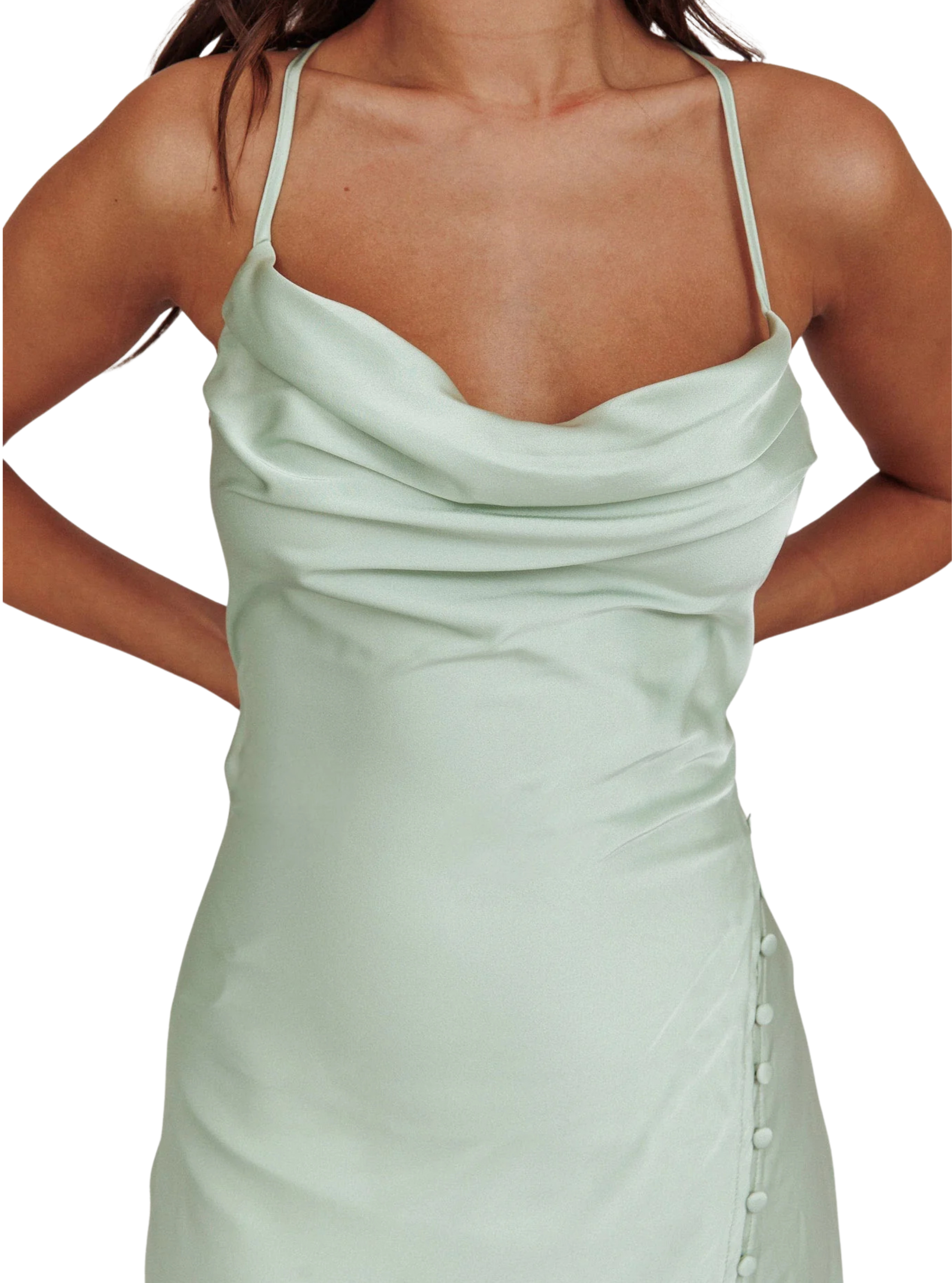Elpis Cowl Button Satin Maxi Dress Mint