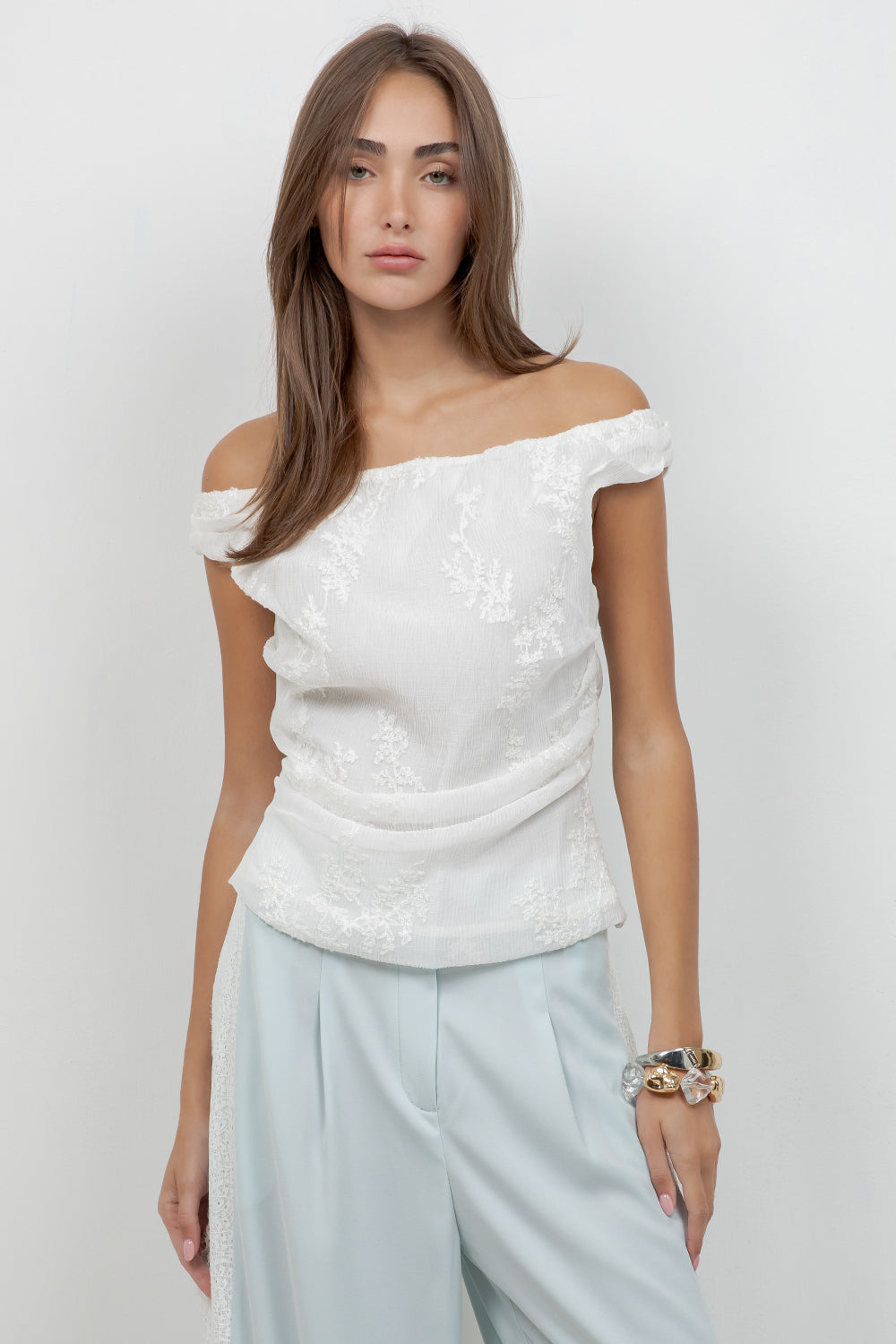 EMBROIDERED SOFT WOVEN OFF SHOULDER BLOUSE