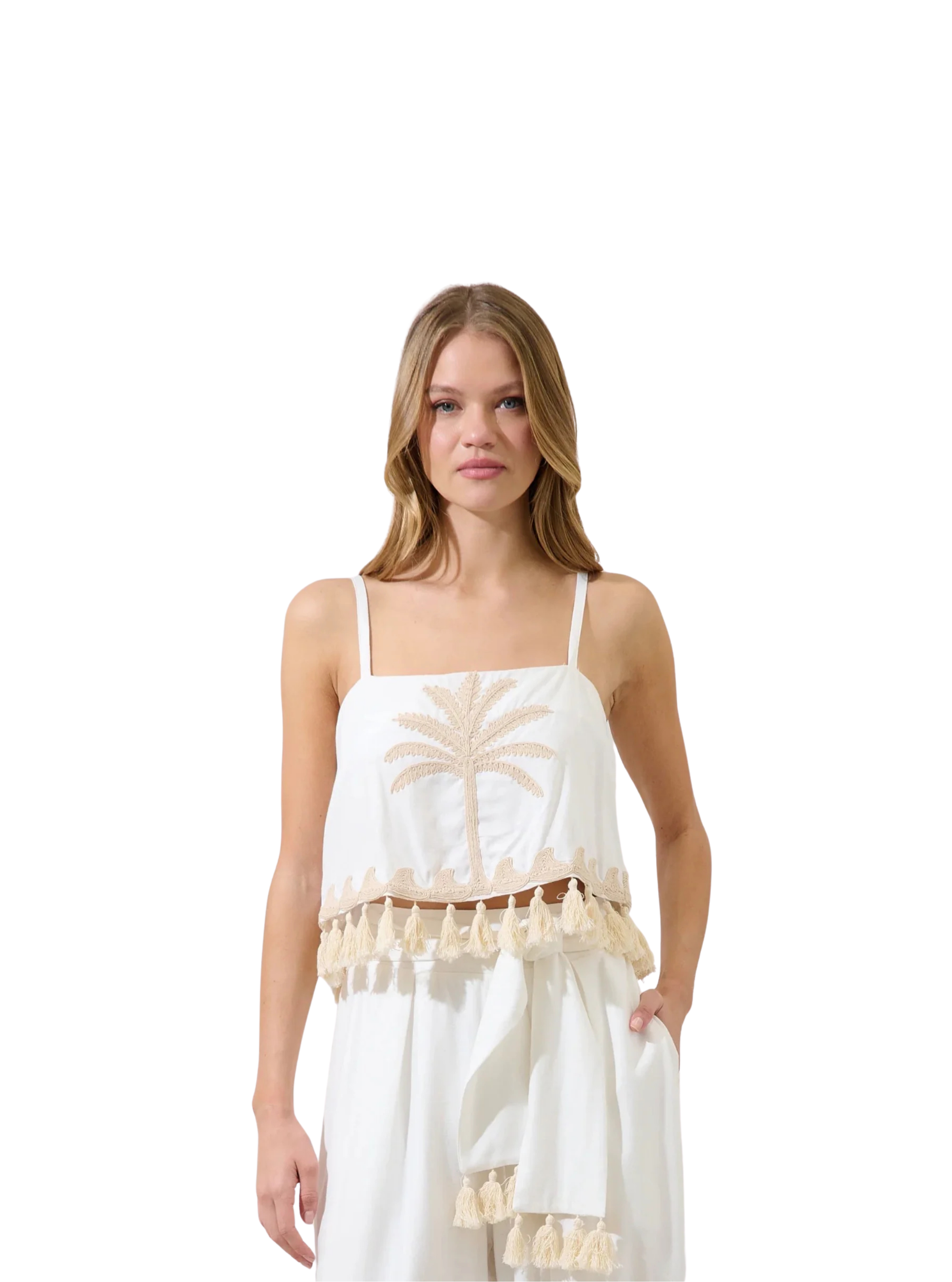 Biela Palm Tassel Trim Crop Top