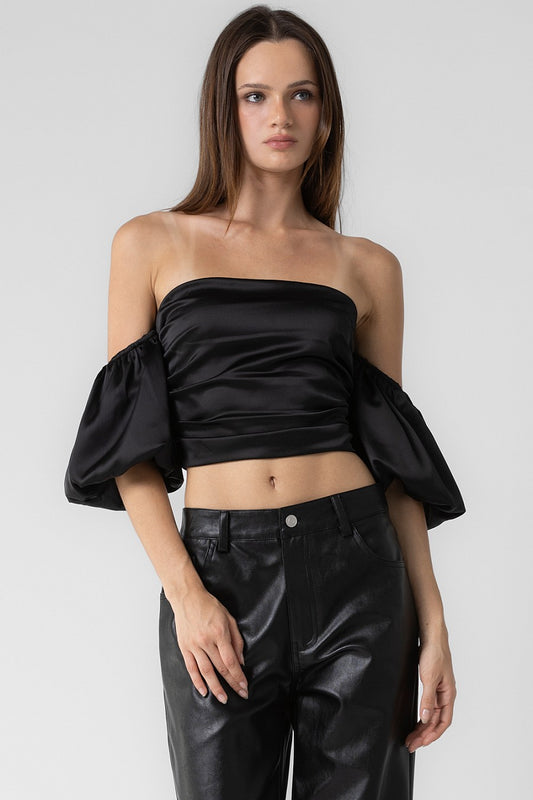 SATIN SHIRRED OFF THE SHOULDER TOP