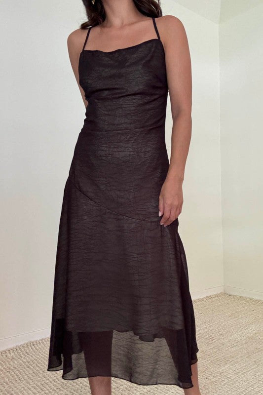 Chiffon Cross Tie Back Asymmetric Hem Midi Dress