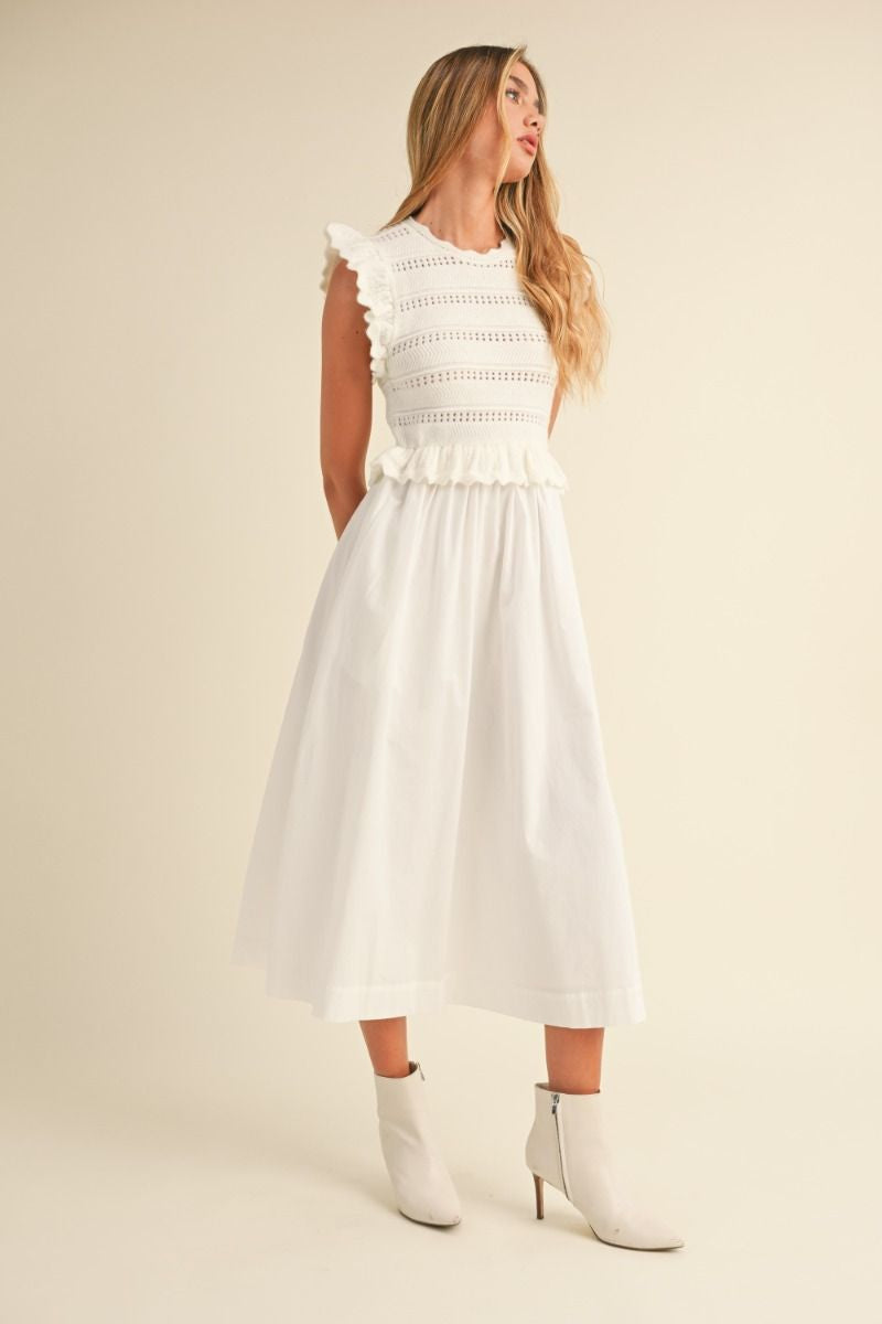 Ruffle detail sweater knit bodice and poplin woven mix skirt dress.