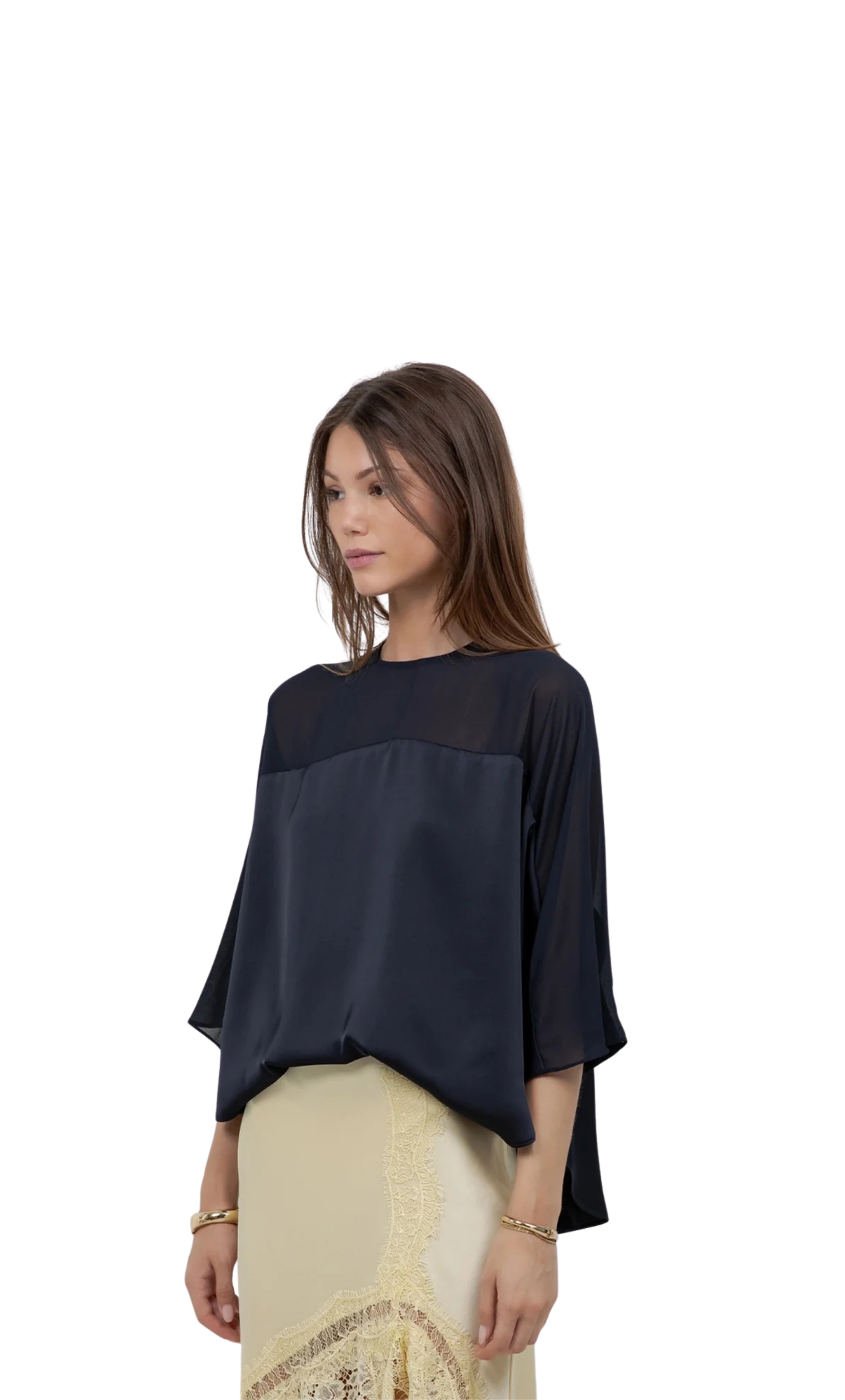 Amélie Satin Chiffon Blouse – Navy
