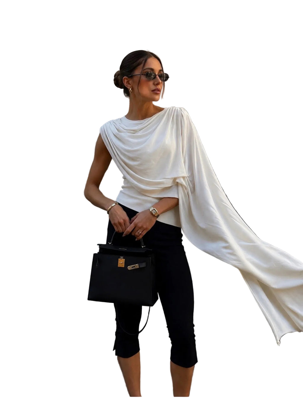 KNITTED SLEEVLESS TOP WITH ASYMMETRICAL MESH CAPE SELF