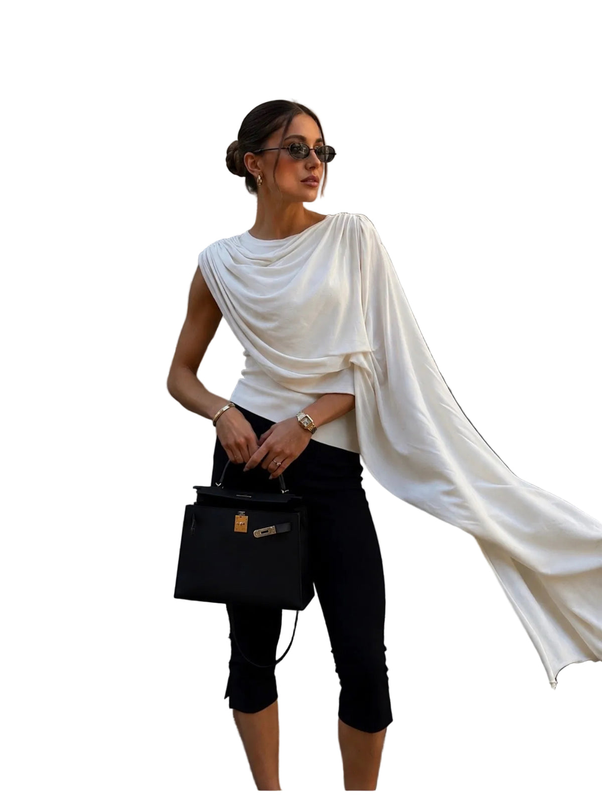 KNITTED SLEEVLESS TOP WITH ASYMMETRICAL MESH CAPE SELF