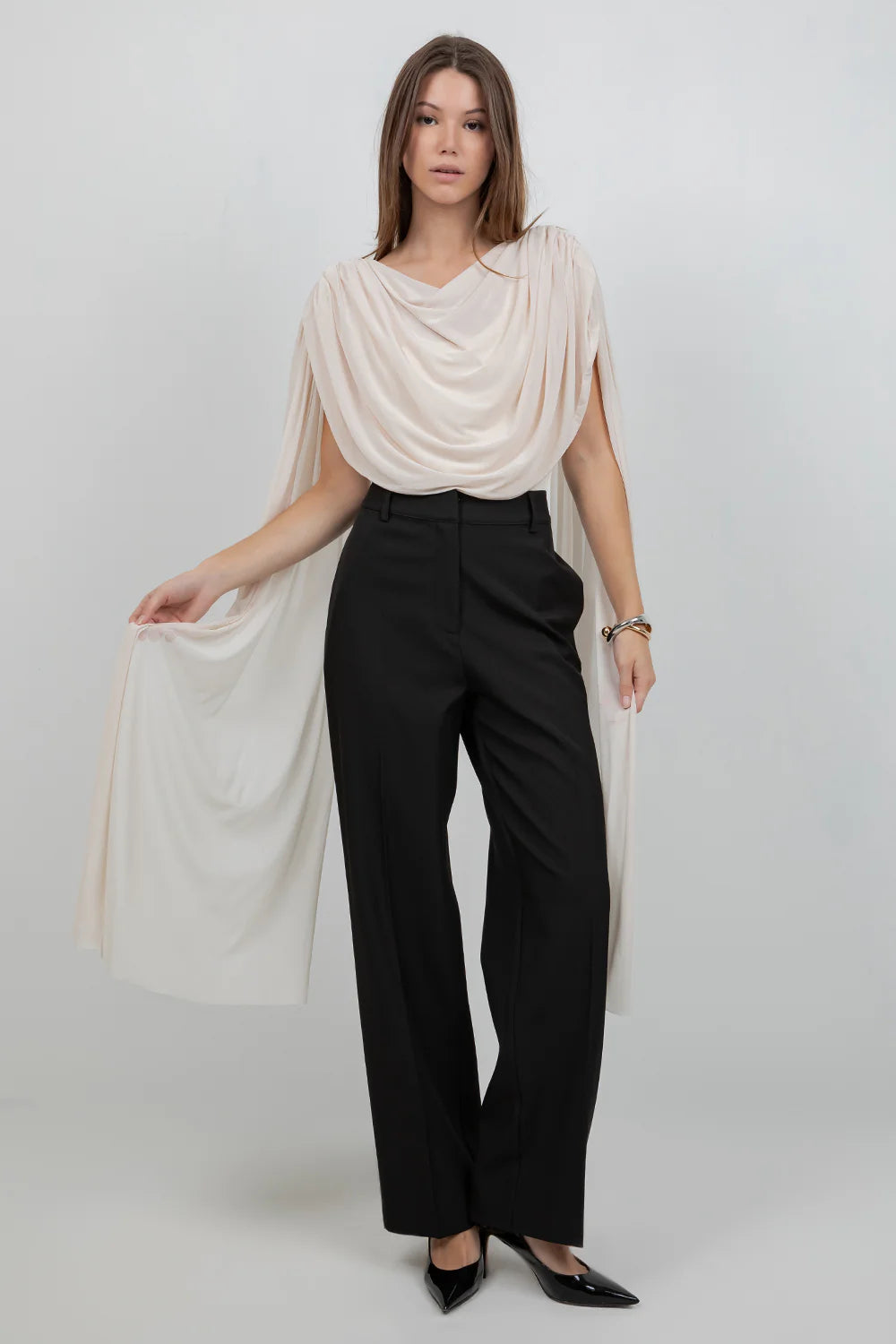 KNITTED BODYSUIT WITH CONTRAST MESH DRAPE CAPE