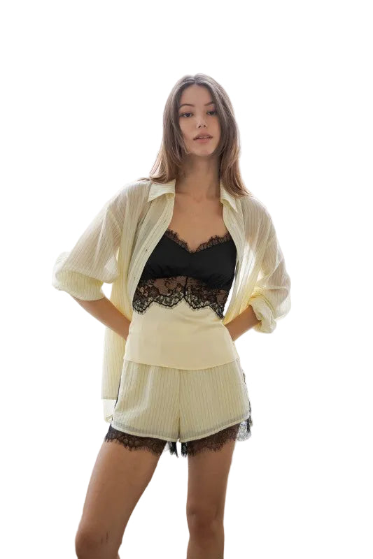 Cream Stripe Lace Trim Shorts