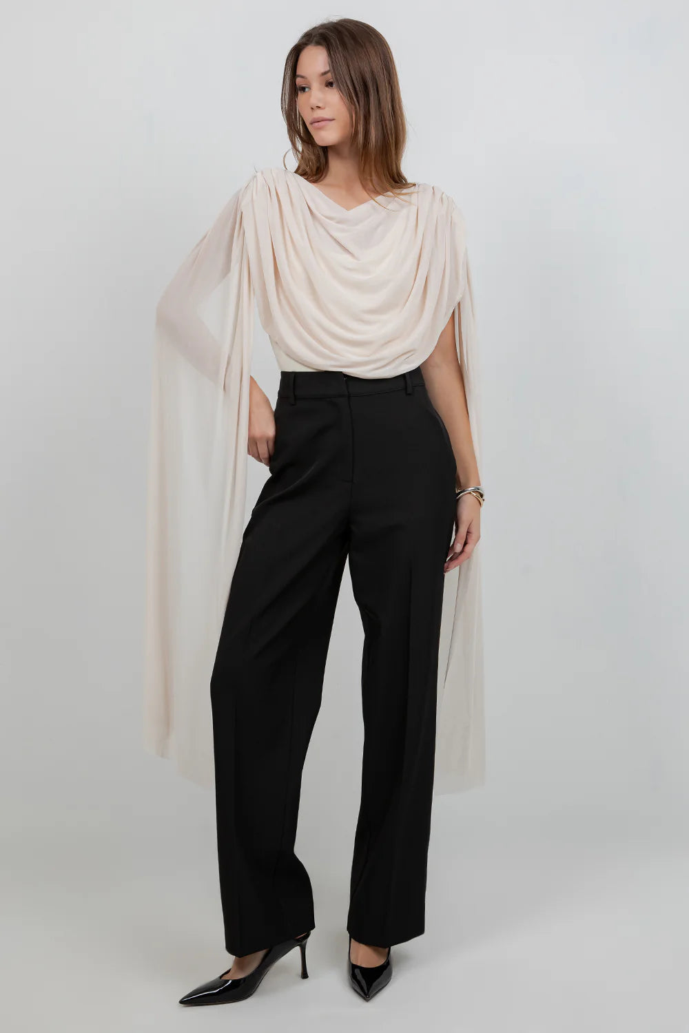 KNITTED BODYSUIT WITH CONTRAST MESH DRAPE CAPE