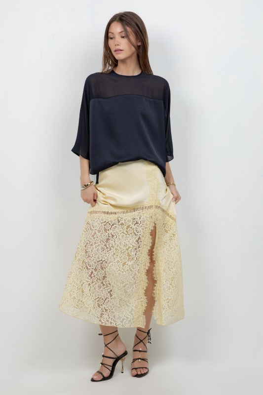 LACE SATIN MIXED ANKLE LENGTH SLIP SKIRT