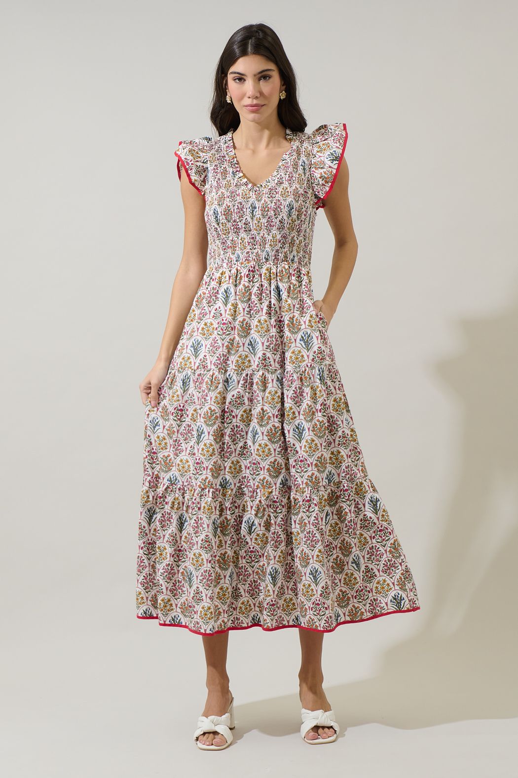 Kathy Floral Sunfire Tiered Midi Dress