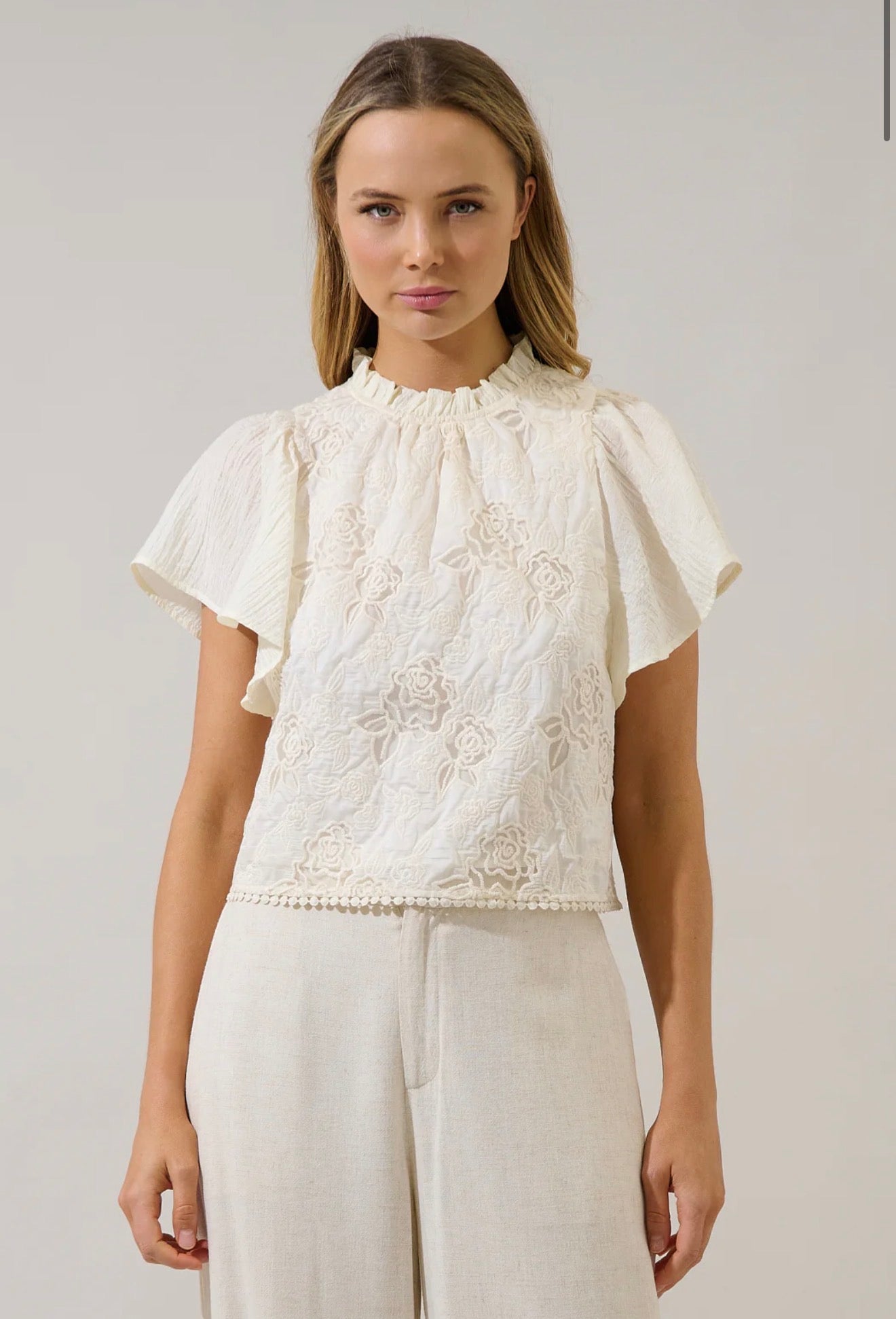 Gretal Embroidered Flutter Sleeve Top