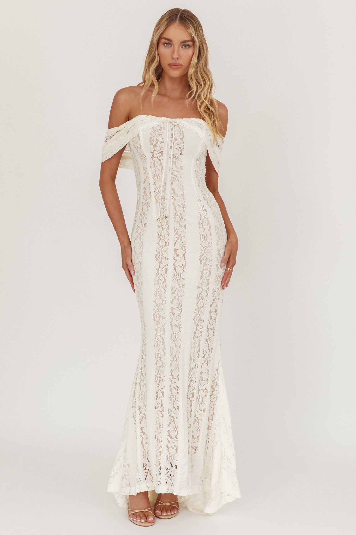 Romance Dreamer White Lace Off-the-
Shoulder Maxi Dress