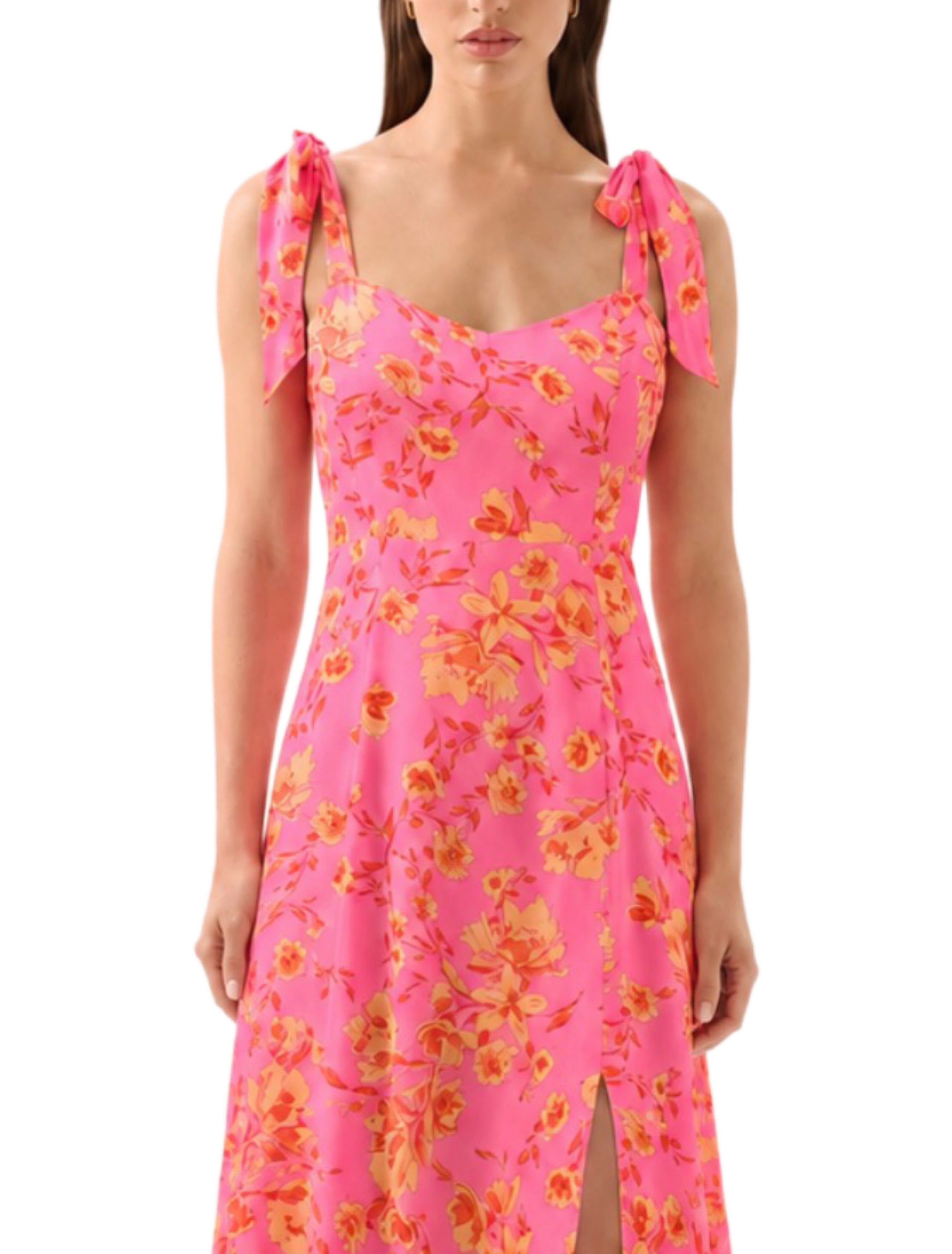 Viejo Tie Strap Midi Dress Hot Rod Floral