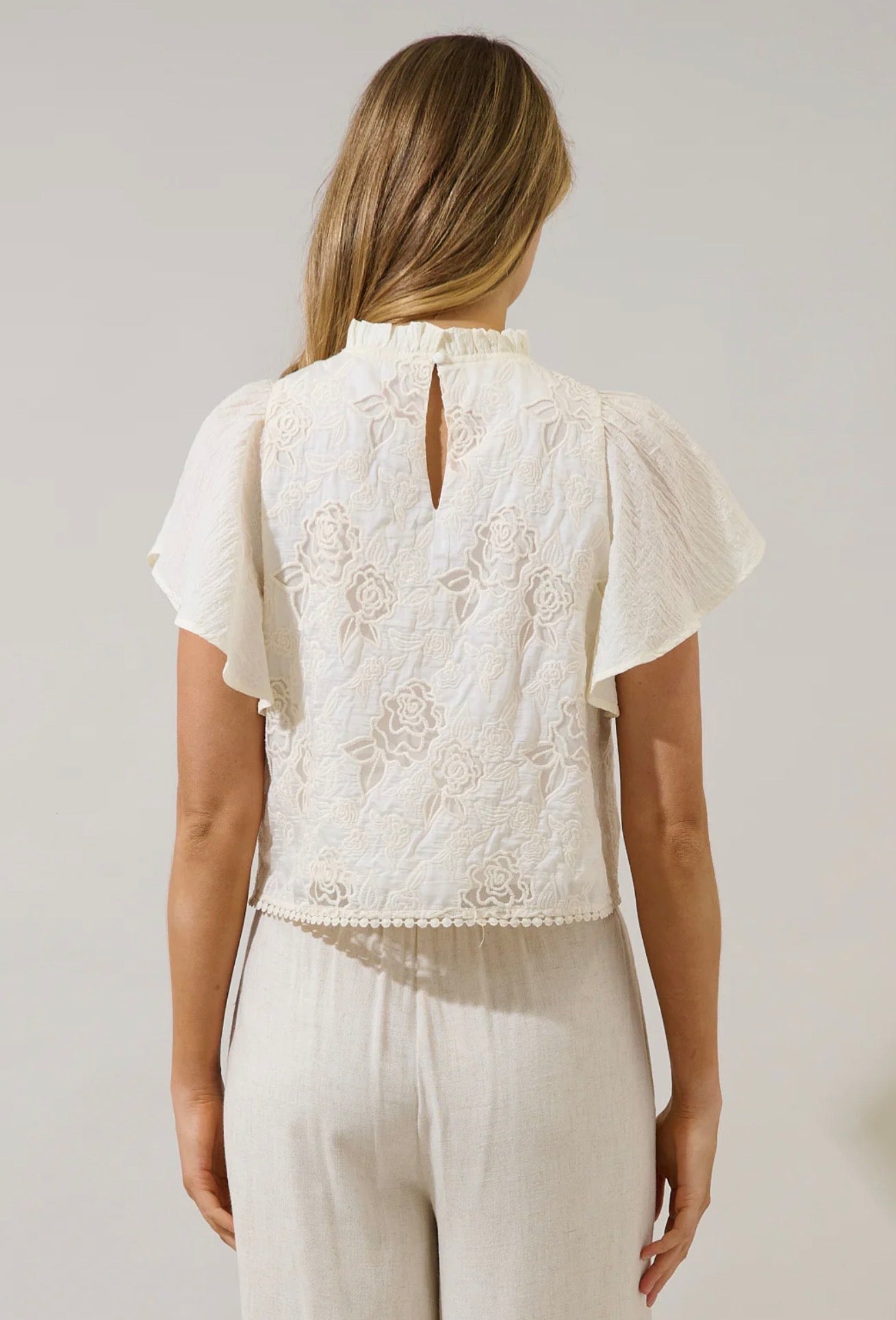 Gretal Embroidered Flutter Sleeve Top