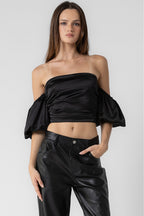 SATIN SHIRRED OFF THE SHOULDER TOP