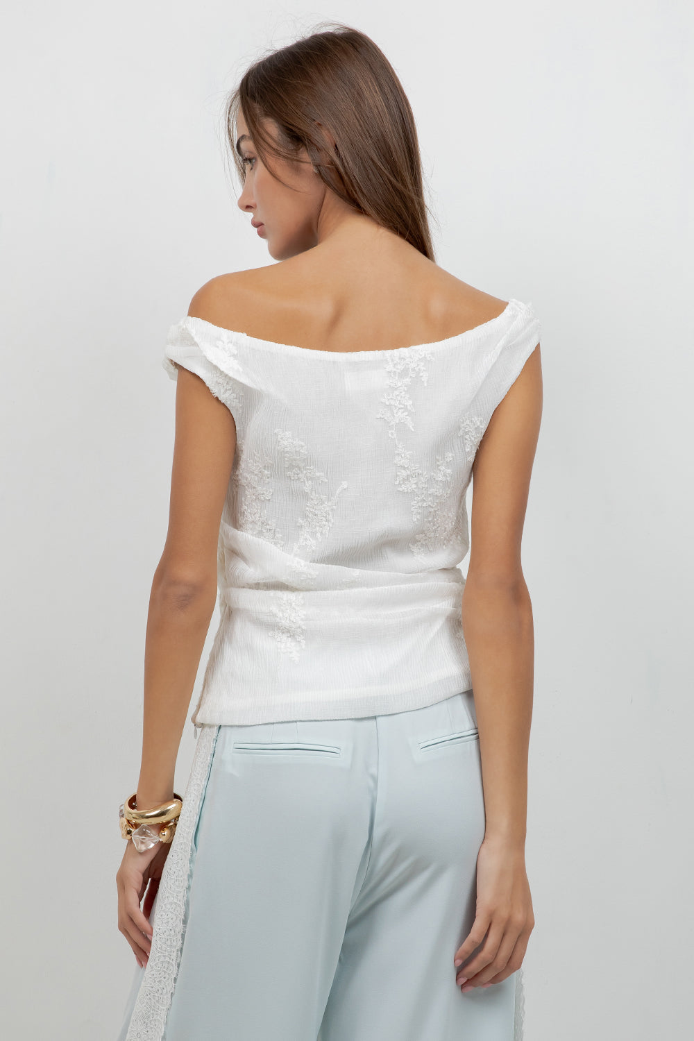 EMBROIDERED SOFT WOVEN OFF SHOULDER BLOUSE