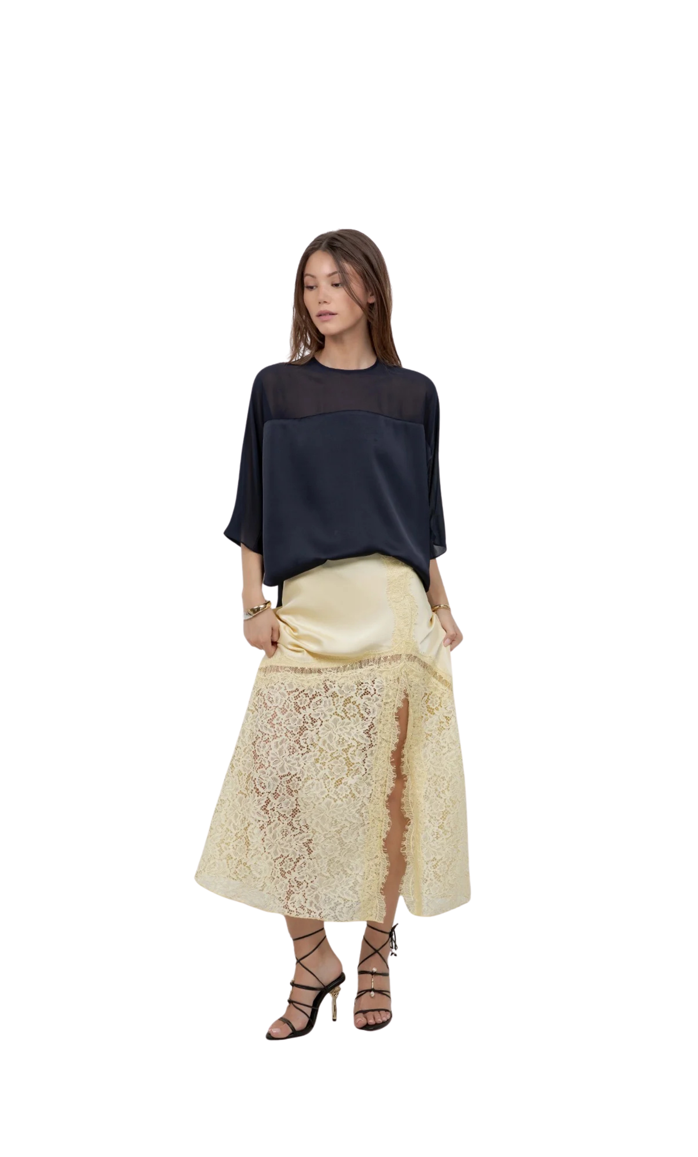 Amélie Satin Chiffon Blouse – Navy