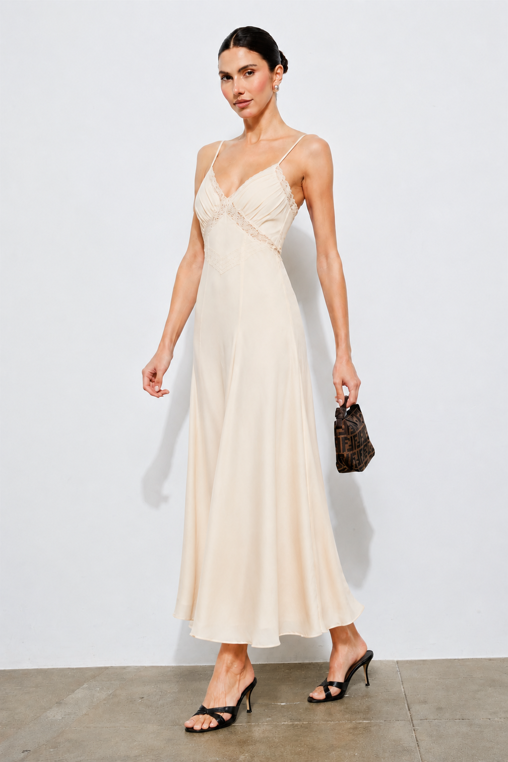 V-NECK CAMI LACE DETAIL CHIFFON MIDI
DRESS