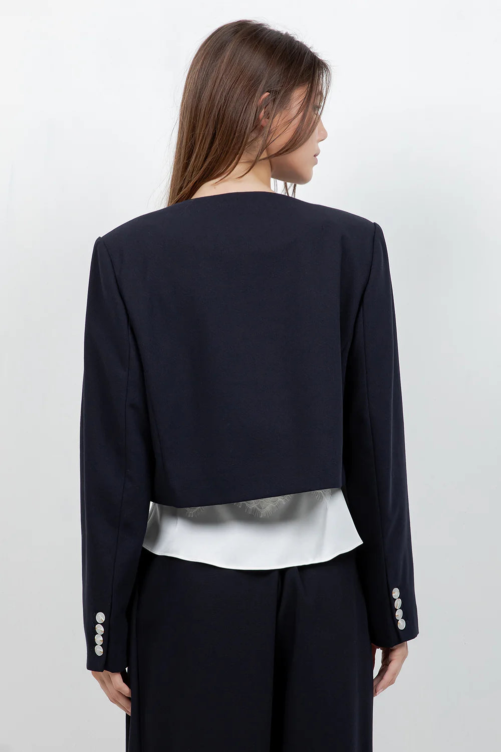 SOFT WOVEN DOUBLE PLACKET JACKET (NAVY/IVORY)