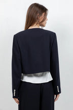 SOFT WOVEN DOUBLE PLACKET JACKET (NAVY/IVORY)