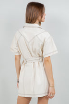 Contrast Stitching Cotton Washed Dress with belt