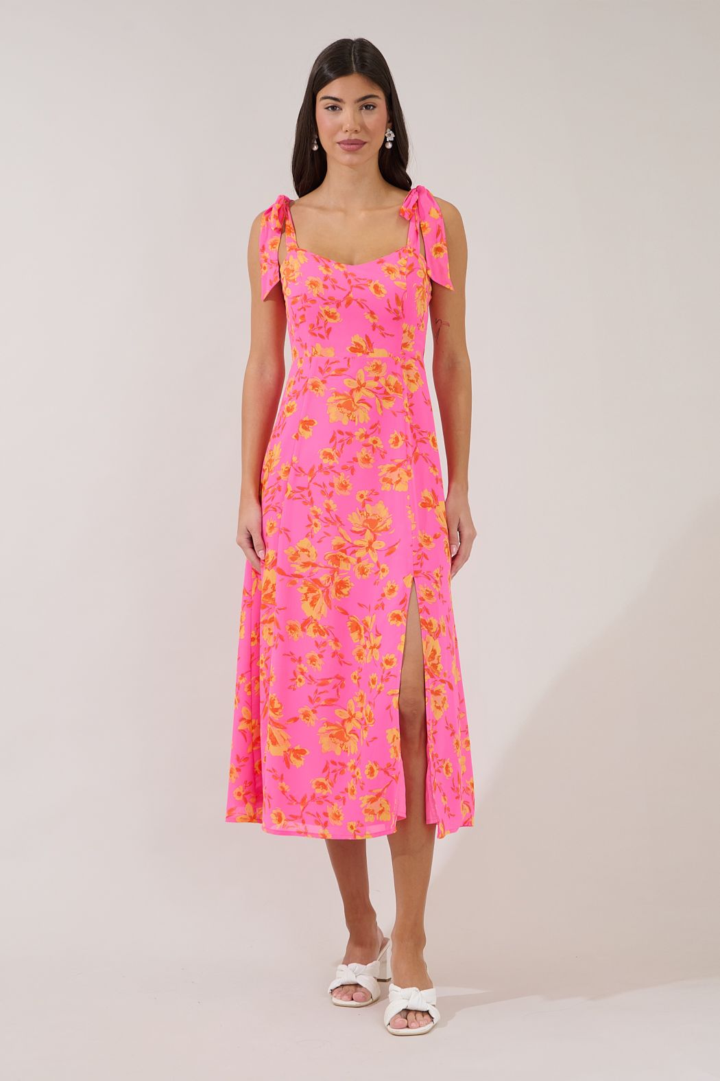 Viejo Tie Strap Midi Dress Hot Rod Floral