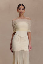 Slinky And Mesh Off Shoulder Maxi Dress - Ivory