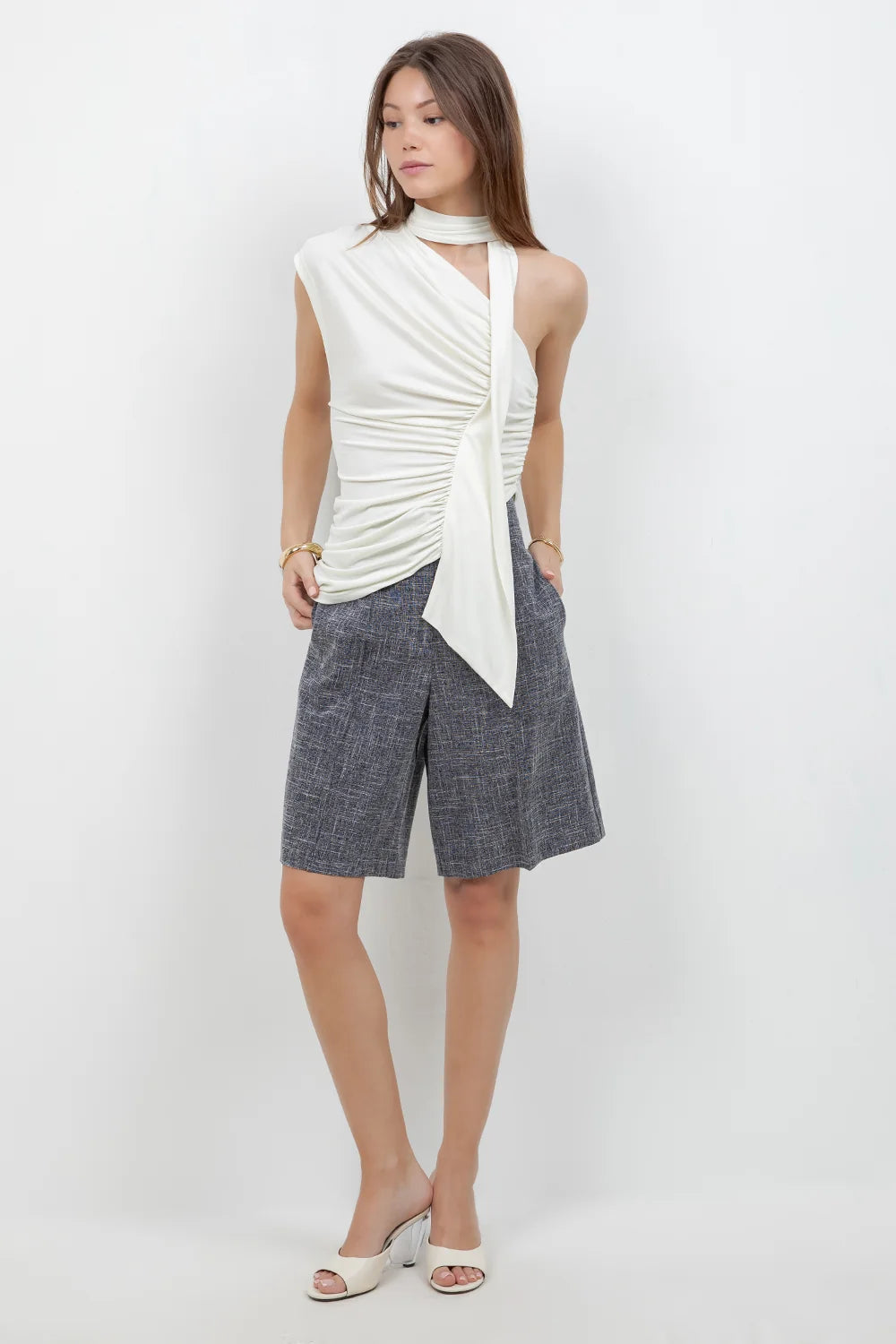 SOFT KNIT ASYMMETRICAL TOP WITH WRAP AROUND SCARF (IVORY)