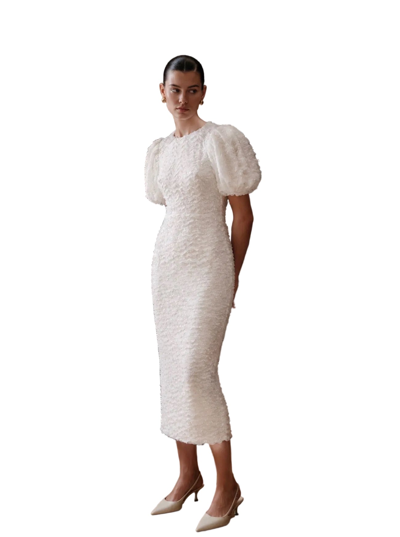 Sequin embellished mesh puff short sleeve fitted midi dress with back slit detail. Back keyhole button closure and invisible zipper