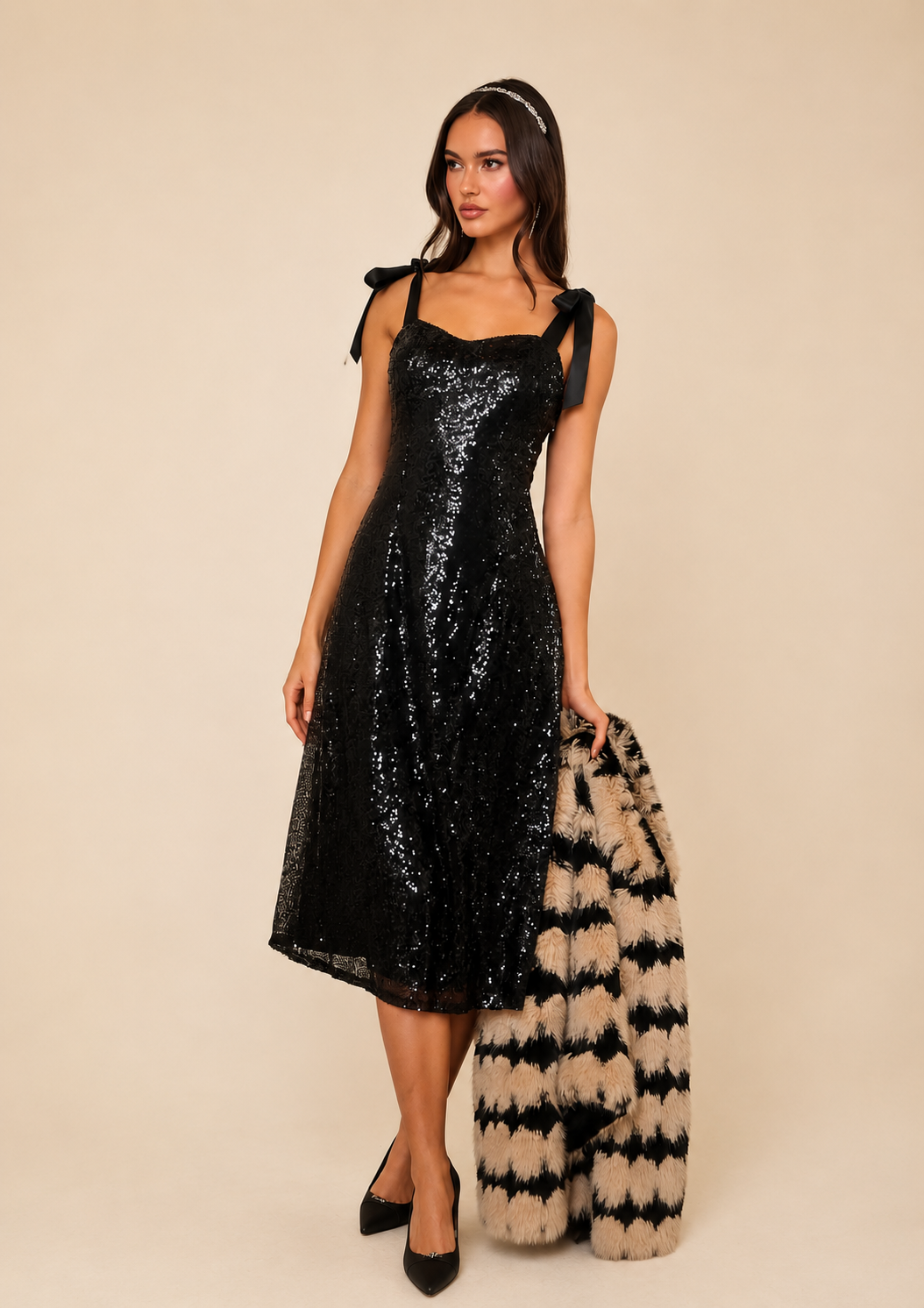 Adelisa Sequin Tie Strap Midi Dress